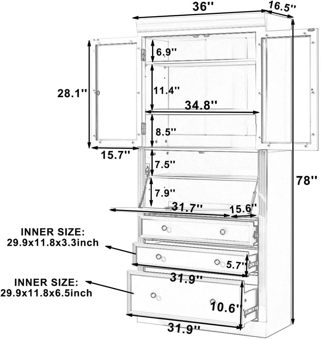 78” Kitchen Cabinet Pantry with 3 Drawers, Food Storage Cabinet with Power Outlet & Shelves, Food Pantry for Kitchen Dining Room, Easy Assembly (Grey)