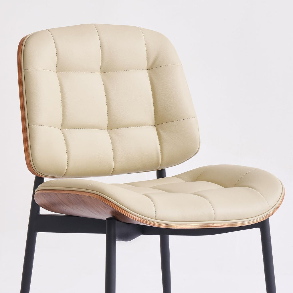 GrandNoor Mid Century Modern Dining Chairs with Walnut Grain Back, Beige Faux Leather Dining Room Chairs Set of 4, Checkered Soft Cushion Kitchen Chairs with Adjustable Foot Pads