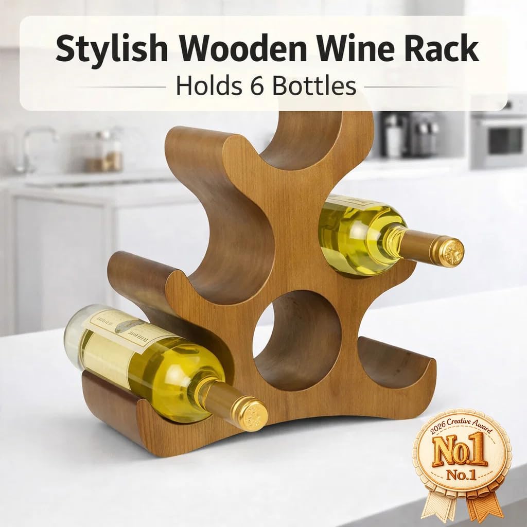 Wooden Wine Rack – Countertop & Freestanding Display – Holds 6 Bottles, Wall-Mountable, Elegant Curved Wine Storage (Brown)