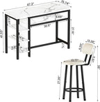 AWQM 3-Piece Bar Table and Chairs Set, Modern White Faux Marble Table with 2 PU Cushion Bar Stools, Kitchen Counter with 3 Tier Storage Shelves, Space Saving Table for Home & Kitchen, Black Frame