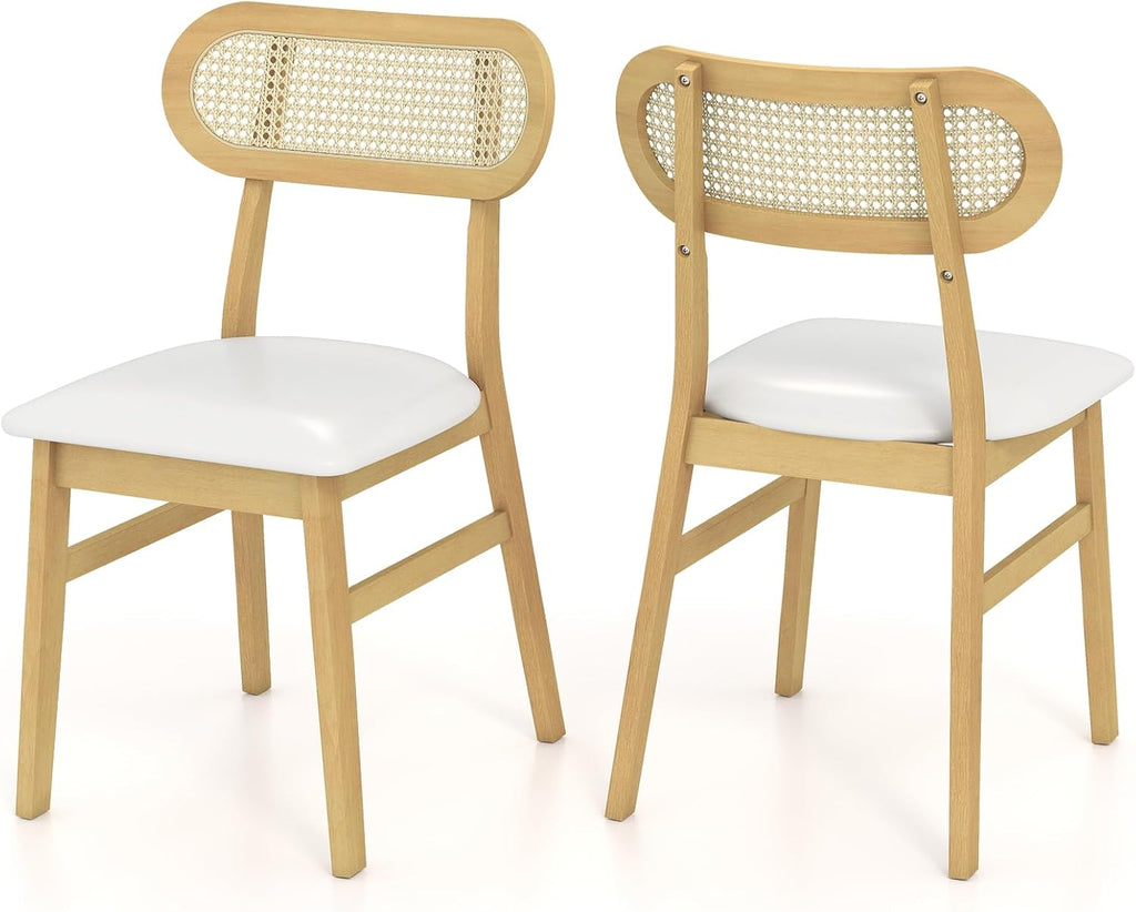 Giantex Wooden Dining Chairs Set of 2, Faux Leather Upholstered Kitchen Chairs w/Breathable Mesh Cane Backrest, Rubber Wood Frame, Padded Seat, Farmhouse Armless Dining Room Chair, Natural
