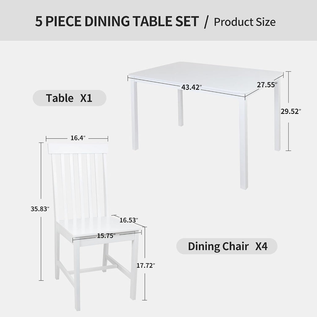 DUHOME 5-Piece Solid Wood Dining Table Set for 4, Farmhouse Kitchen Table Chairs Set of 4,Table and 4 Chairs Set for Small Space&Apartment, Dining Room, Breakfast Nook,White