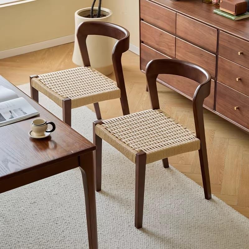Etlegor Farmhouse Rattan Dining Chairs, Mid Century Wood Kitchen Chairs with Comfortable Woven Seat for Kitchen, Restaurant, Office, Tea Room(Walnut)