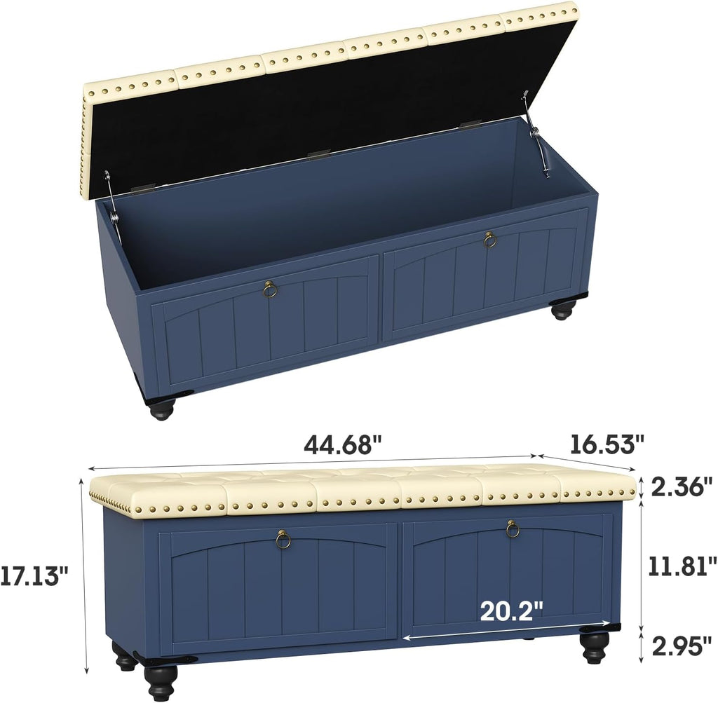 Maupvit Ottoman with Storage, Wooden Storage Ottoman Bench with Safety Hinge, Upholstered Entryway Bench with Cushioned Seat, Bench Bedroom Bench for Living Room, Entryway, Blue