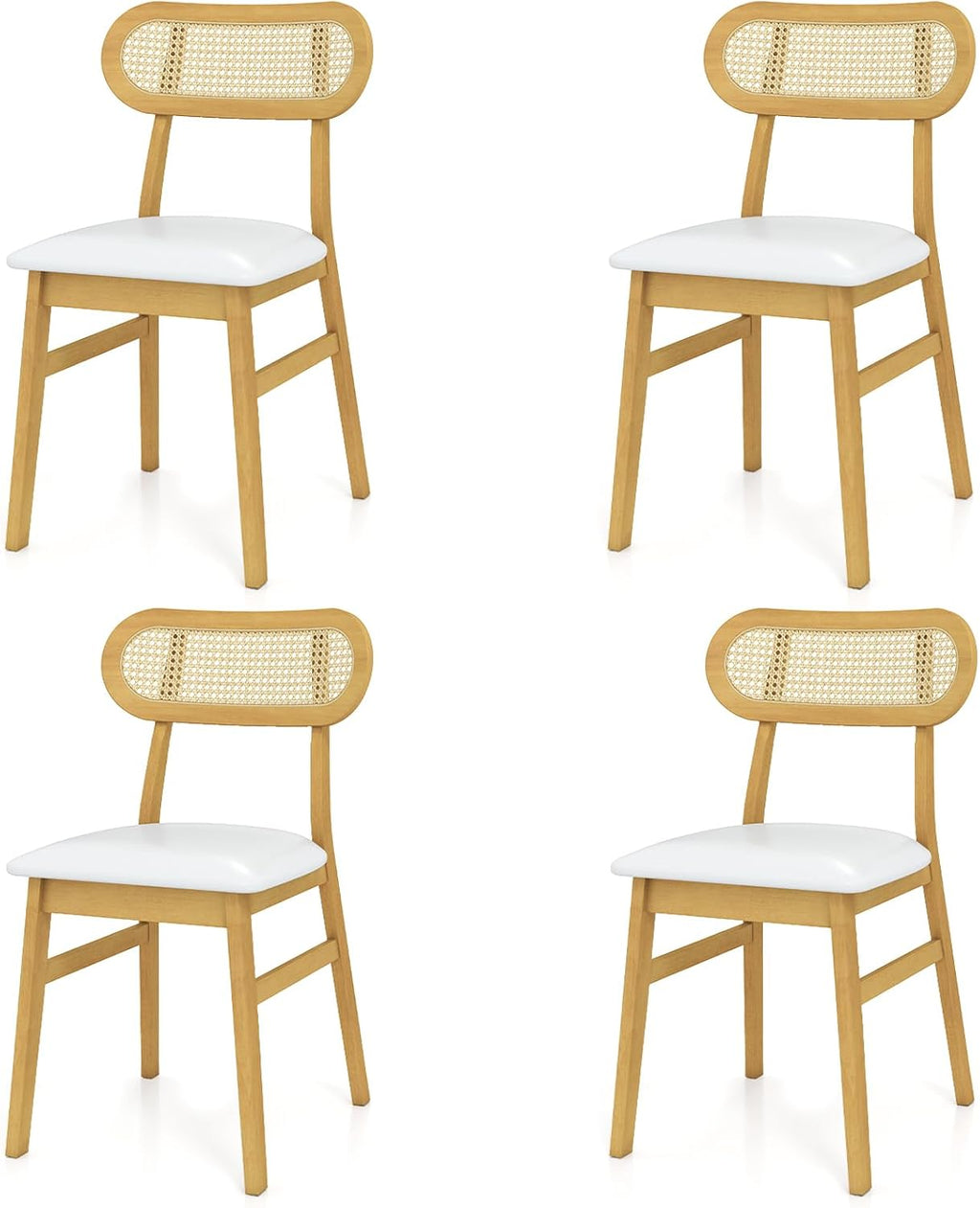 GOFLAME Wooden Dining Chairs Set of 4, Mid-Century Modern Kitchen Chairs with Upholstered Seat & Rattan Backrest, Faux Leather Cover, Armless Side Chairs for Dining Room, Restaurant, White