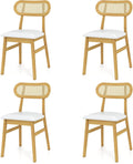 GOFLAME Wooden Dining Chairs Set of 4, Mid-Century Modern Kitchen Chairs with Upholstered Seat & Rattan Backrest, Faux Leather Cover, Armless Side Chairs for Dining Room, Restaurant, White