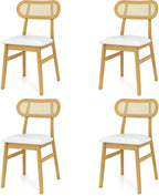GOFLAME Wooden Dining Chairs Set of 4, Mid-Century Modern Kitchen Chairs with Upholstered Seat & Rattan Backrest, Faux Leather Cover, Armless Side Chairs for Dining Room, Restaurant, White