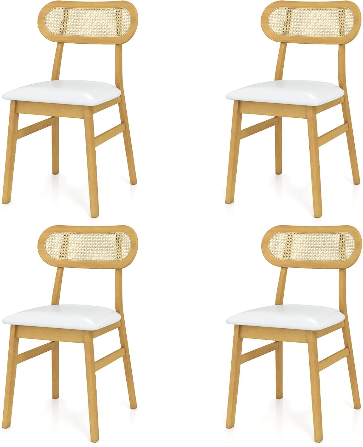 GOFLAME Wooden Dining Chairs Set of 4, Mid-Century Modern Kitchen Chairs with Upholstered Seat & Rattan Backrest, Faux Leather Cover, Armless Side Chairs for Dining Room, Restaurant, White