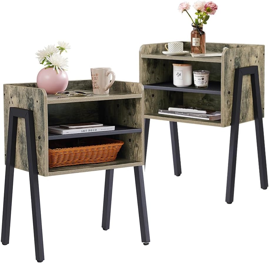 VECELO Nightstand Set of 2,Industrial Side Table End Table,Stackable Accent Table with 2-Tier Open Storage Compartments for Bedroom, Living Room and Small Spaces