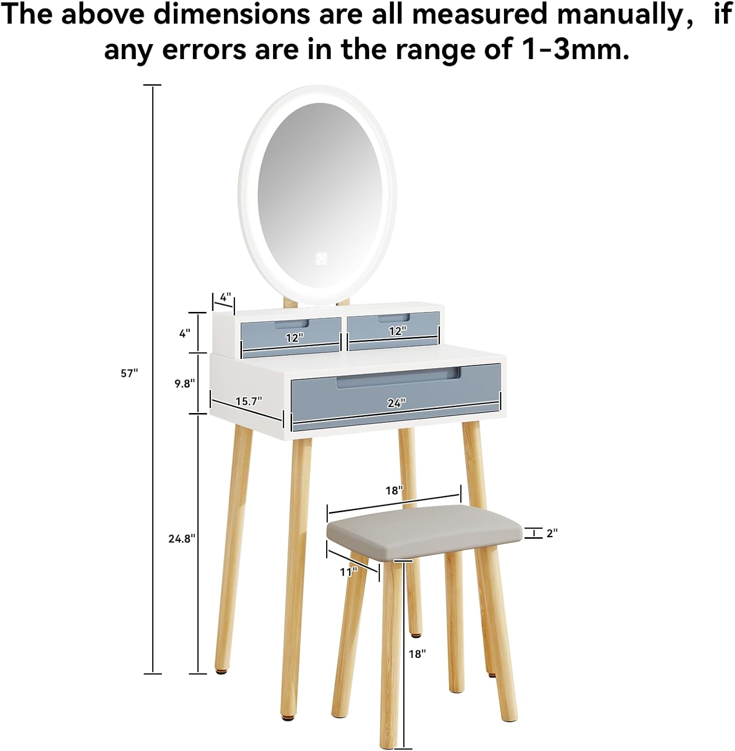 YOURLITE Small Makeup Vanity Desk with Mirror and Lights | Compact Vanity, 3 Lighting Modes, Adjustable Brightness, 3 Drawers, Cushioned Stool
