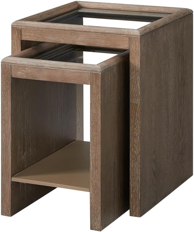Nesting Tables with Glass Top Cocoa - Brown Solid Wood and MDF | Includes built-in lower shelf for storage and display