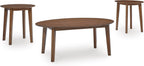 GTU Furniture Casual Wood Veneer Round 3-Piece Coffee Table Set, Cocktail Table with 2 Matching End Tables, Brown Finish for Living Room