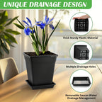BTPLASTIK 9 Inch Square Planters for Indoor Plants, 8 Pack Large Plastic Plant Pot with Drainage & Saucer, 3 Gallon Modern Decorative Thick Outdoor Garden Container for Potted Plants