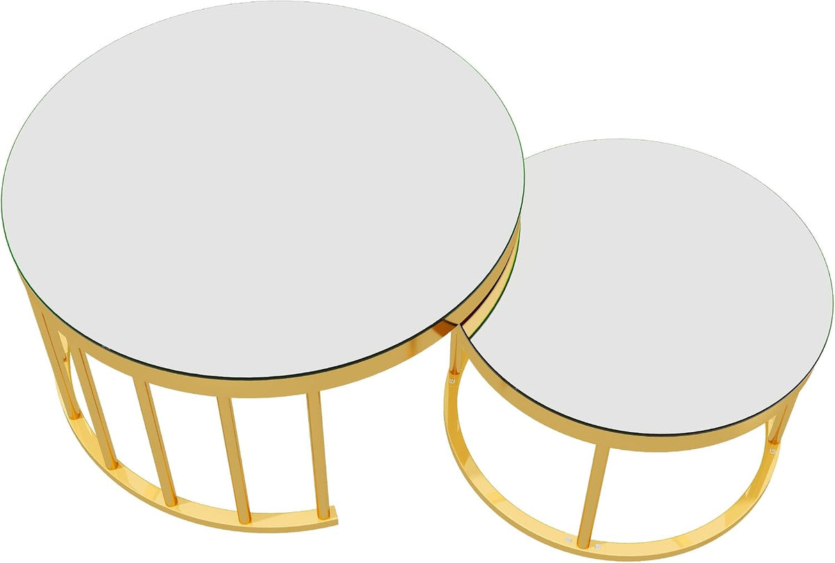 JIVOIT 2-Piece Round Nesting Coffee Table Set with Gold Metal Frame | Modern Circular Cocktail Table, Tempered Glass Tabletop, Accent Nesting Tables, Rounded Edge, Space-Saving, Living Room