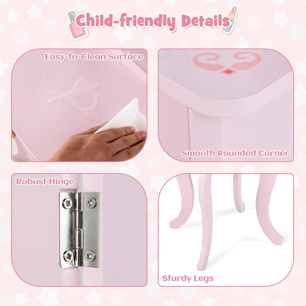 INFANS Kids Vanity, 2 in 1 Wooden Princess Makeup Table and Stool Set with Tri-Folding Detachable Mirror 10 Accessories, Toddler Pretend Beauty Dressing Play for Girls Aged 3+