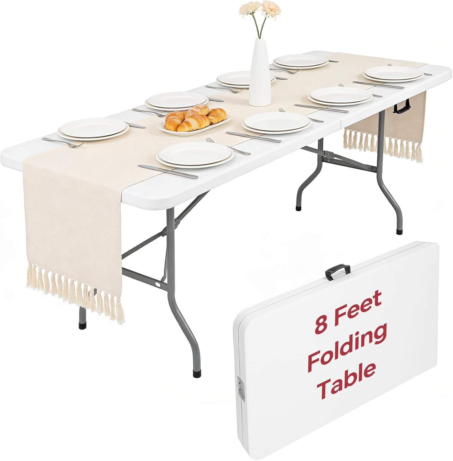 8ft Folding Table, Heavy Duty White Large Portable Foldable Table | Plastic 8 foot folding table seats 8. Rectangular with carrying handle. Indoor outdoor camping, picnic, party and banquet