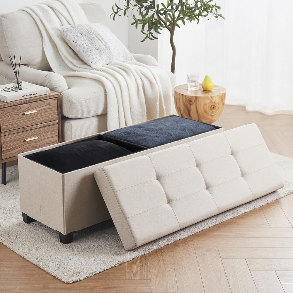 Ornavo Home 43" Large Storage Ottoman Bench with Legs, Beige | Foot Rest Stool; Ottoman with Hidden Storage; Ideal for Bedroom, Living Room, Entryway or Home Office