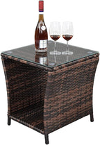VINGLI Outdoor Wicker Side Table Patio Side Tables for Outside, Tempered Glass Top Wicker Table with Storage End Table for Balcony Porch Deck (Brown)