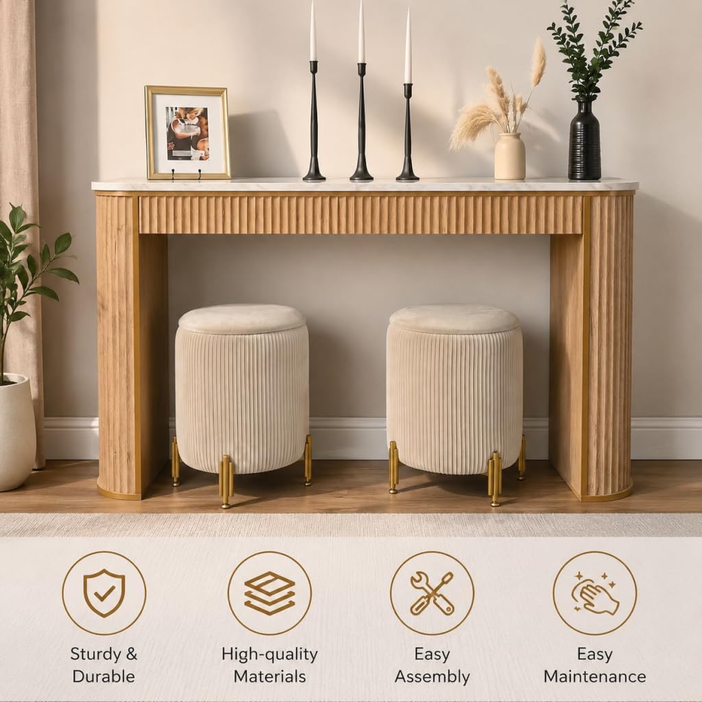 Round Ottoman Foot Stool with Storage and Metal Legs for Living Room Bedroom, Velvet Upholstered Footrest Stool Support 300lbs Modern Padded Seat Ottoman Coffee Table (Oatmeal‌)