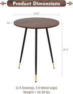 NOBPEINT Round Modern Wooden Side Table, 28 Inches End Table with 3 Metal Legs (Brown)
