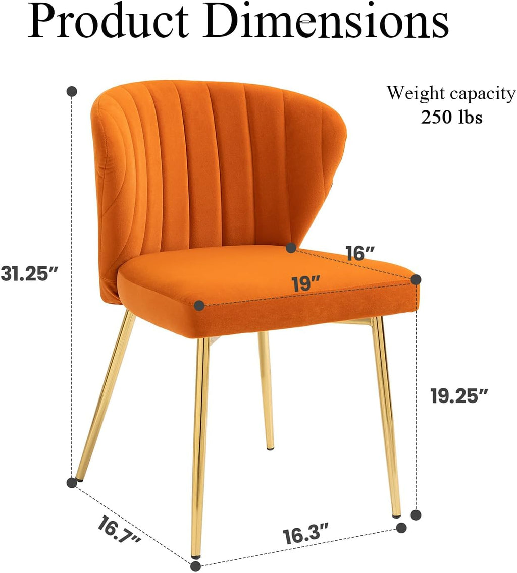 Velvet Dining Chairs Set of 2, Modern Upholstered Vanity Chairs with Golden Metal Legs for Dining Room Kitchen Vanity Patio (Orange)