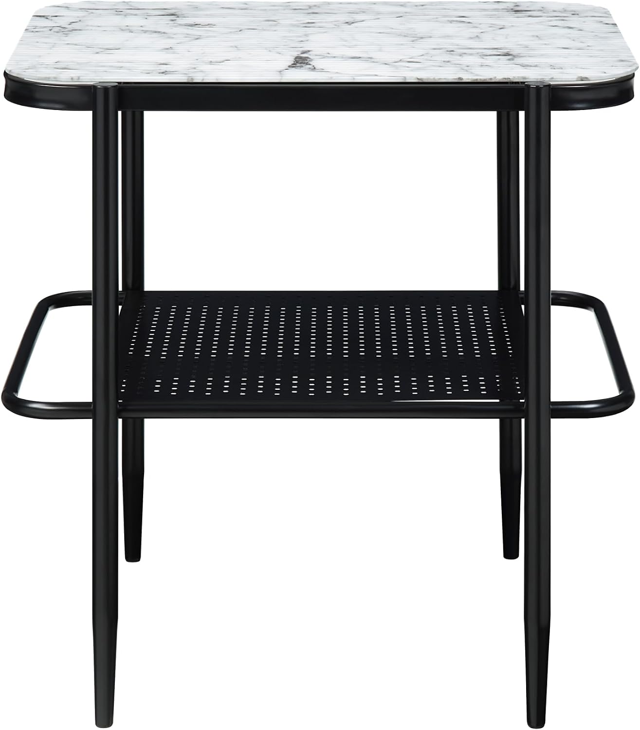 3pc Occasional Table Set with Tempered Glass and Metal Base | Includes 1 coffee table and 2 end tables with white marble print tempered glass tops