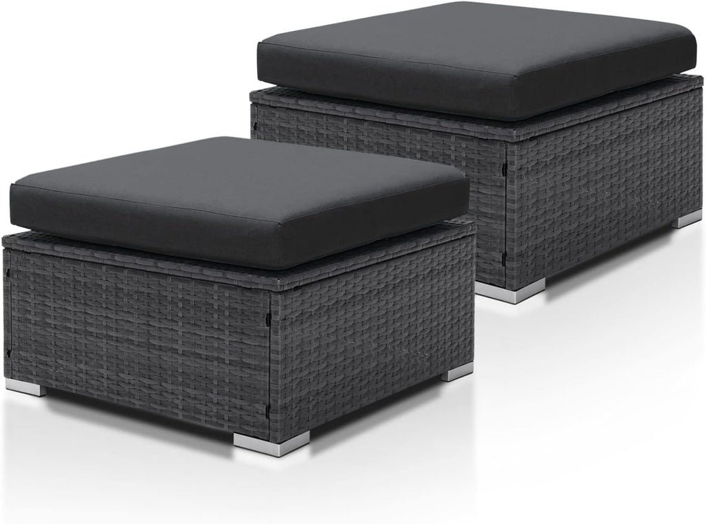 NICESOUL Modern Luxury All-Weather Outdoor Wicker Ottoman Set of 2, 500 Lbs Alloy Steel Frame Footrest, Comfortable Wide Deep Seat 2-Piece Rattan Foot Stool with Padded Cushion for Patio, Dark Gray
