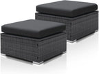 NICESOUL Modern Luxury All-Weather Outdoor Wicker Ottoman Set of 2, 500 Lbs Alloy Steel Frame Footrest, Comfortable Wide Deep Seat 2-Piece Rattan Foot Stool with Padded Cushion for Patio, Dark Gray