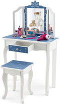 HONEY JOY Kids Vanity, Snowflake Themed Princess Makeup Vanity Set for Little Girls, Real Glass Tri-Folding Mirror, Bedroom Dressing Table & Chair Set, Wooden Girls Vanity Set w/Mirror and Stool(Blue)