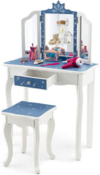 HONEY JOY Kids Vanity, Snowflake Themed Princess Makeup Vanity Set for Little Girls, Real Glass Tri-Folding Mirror, Bedroom Dressing Table & Chair Set, Wooden Girls Vanity Set w/Mirror and Stool(Blue)