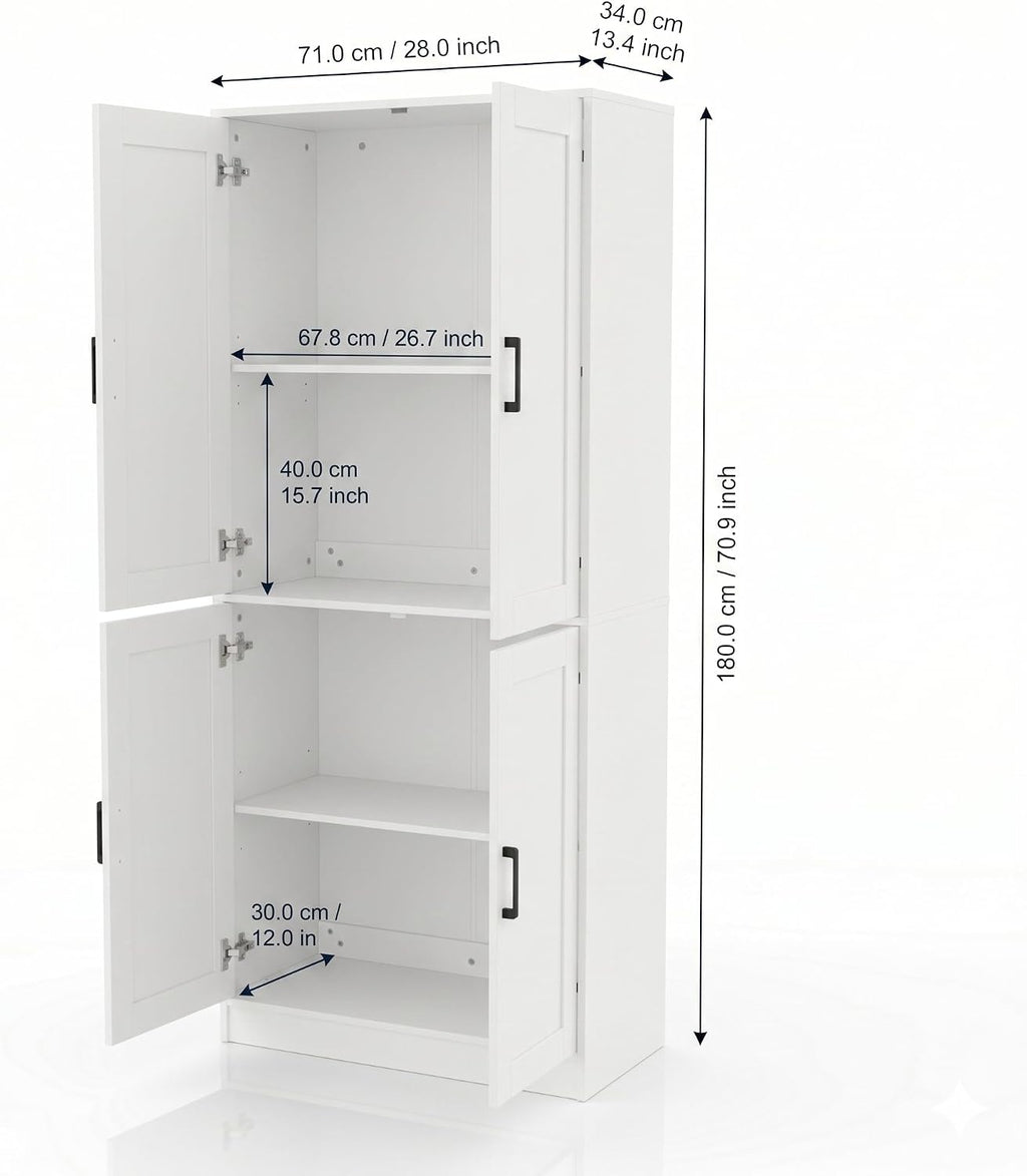 DIYART 71" Tall Kitchen Pantry Cabinet, Freestanding Food Storage Organizer with Doors & Adjustable Shelves, Large Utility Hutch Cupboard for Dining Room, Kitchen & Home Office, White