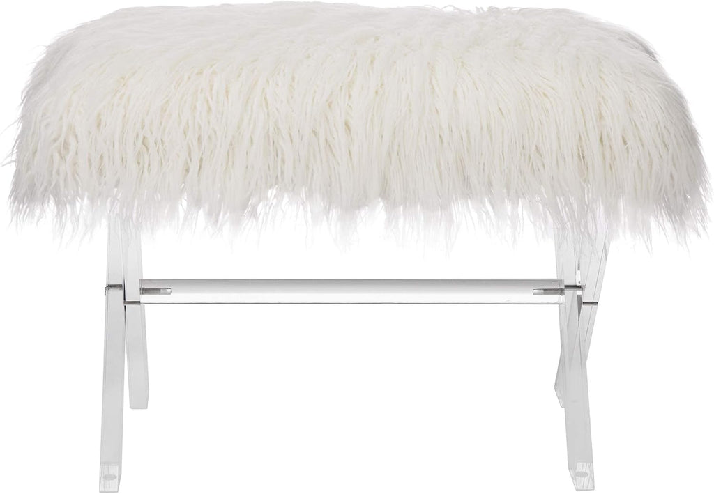 Glitzhome Ottoman Bench, White Faux Fur Ottoman Foot Rest, 25.5" L Modern Vanity Stool Chair with Acrylic Legs for Living Room Bedroom Entryway Makeup Bench End of Bed