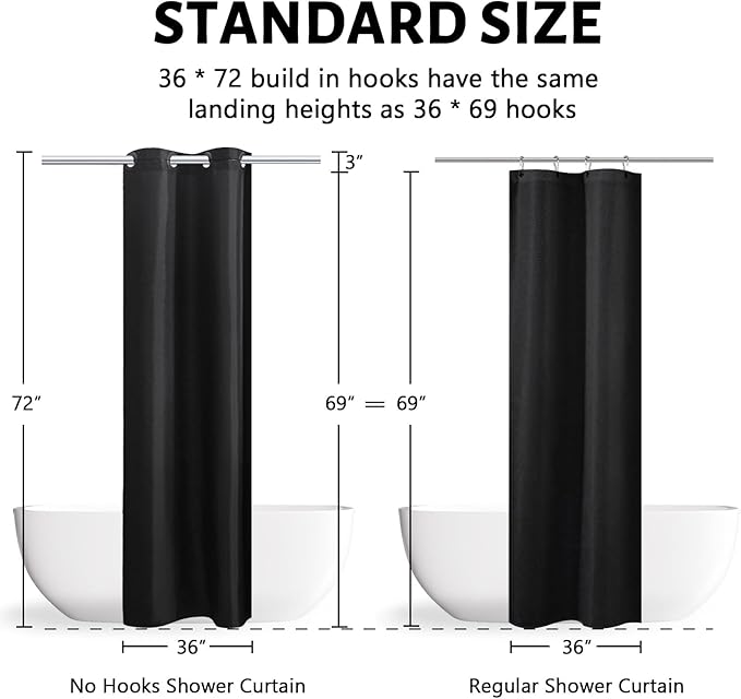 Furlinic No Hook Stall Shower Curtain 36x72 Inch,Polyester Fabric Bathroom Curtains with 4 Plastic Built-in Grommets,Waterproof & Machine Washable,Hotel Style,Small Half Size,Black