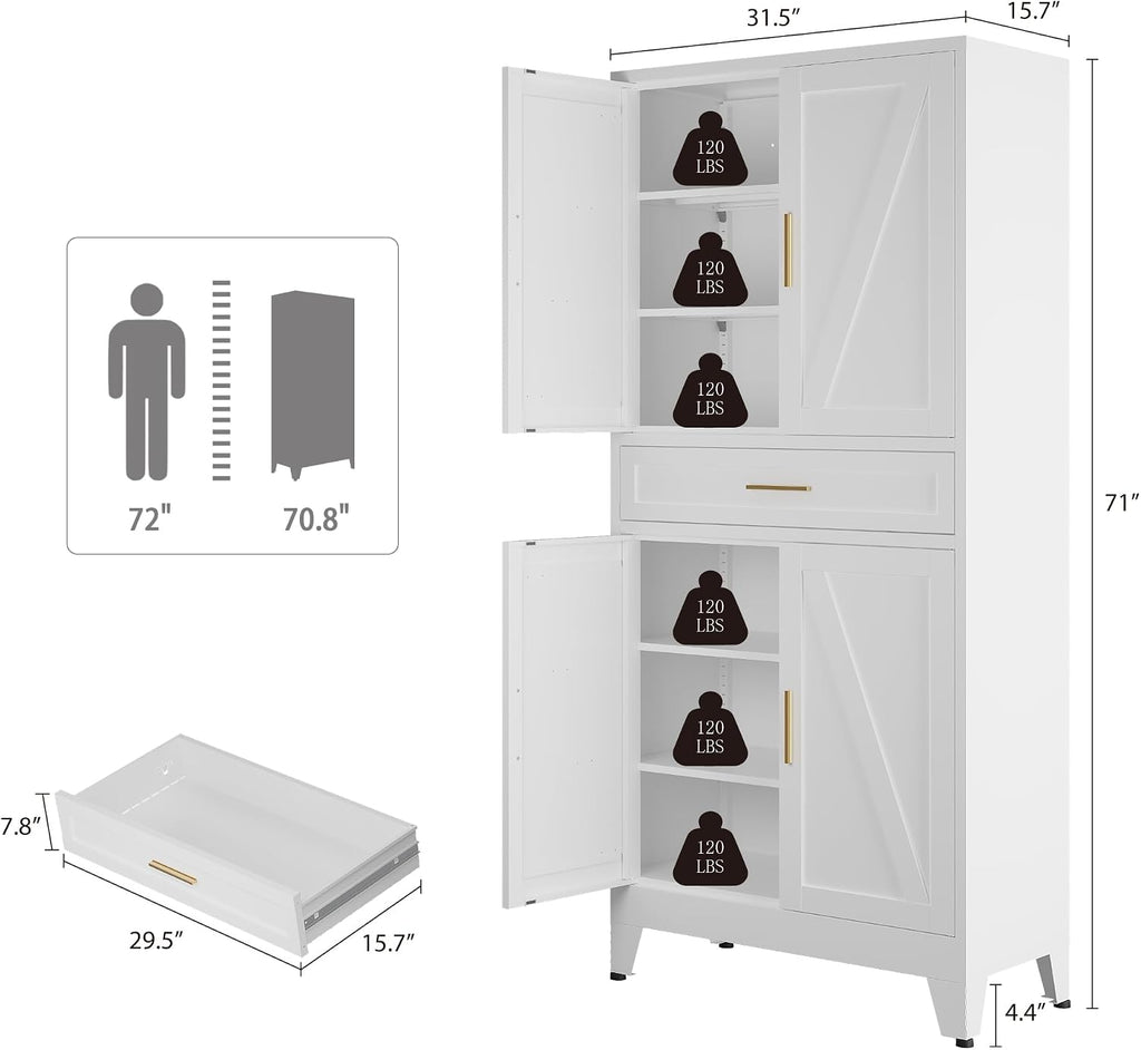 Bevivog Tall Pantry Cabinet with Drawers, 71" Metal Storage Cabinets with Doors and Shelves, 4 Doors Freestanding Cupboard for Kitchen/Office/Dining Room/Living Room/Laundry
