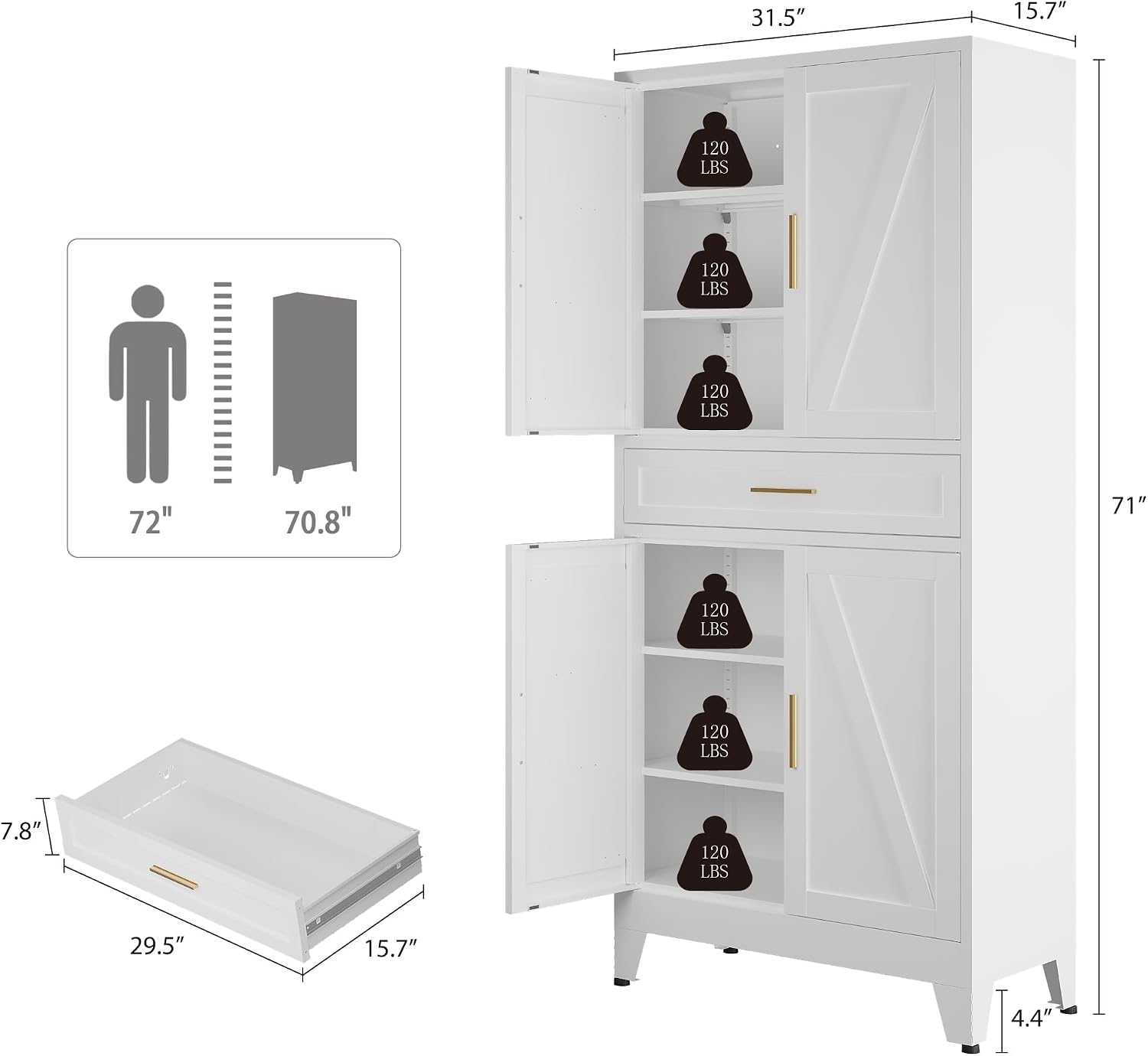 Bevivog Tall Pantry Cabinet with Drawers, 71" Metal Storage Cabinets with Doors and Shelves, 4 Doors Freestanding Cupboard for Kitchen/Office/Dining Room/Living Room/Laundry