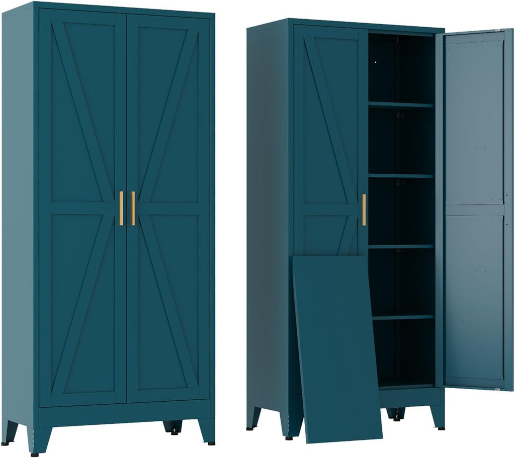 Tall Kitchen Pantry Storage Cabinet,Metal Blue Cabinets With Doors and Adjustable Shelves,Garage Storage Cabinets,Large Steel Shop Cabinet With Lock,Lockable Tool Cupboard For Living Room (Blue)