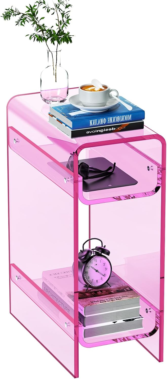 Clear Acrylic Side Table, Narrow Nightstand Bedside Table for Bedroom, Skinny Small End Table (Pink, 8.7'' x 15.7'' x 21.7")