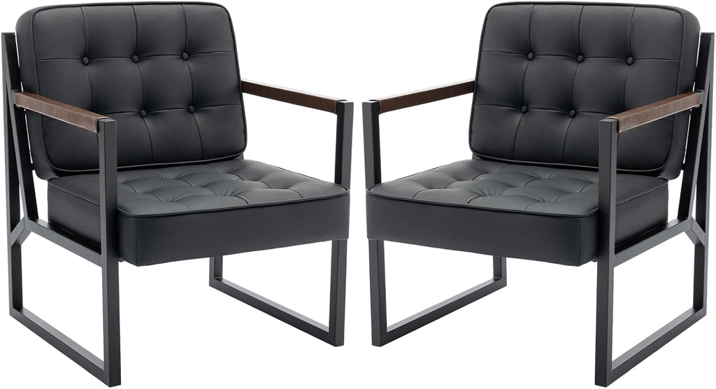 MALOL Mid Century Modern Accent Chair Set of 2, Comfy Living Room Chair, Black Leather Accent Chair, Faux Leather Reception Armchair with Metal Legs for Living Room Bedroom Reception Office, Black