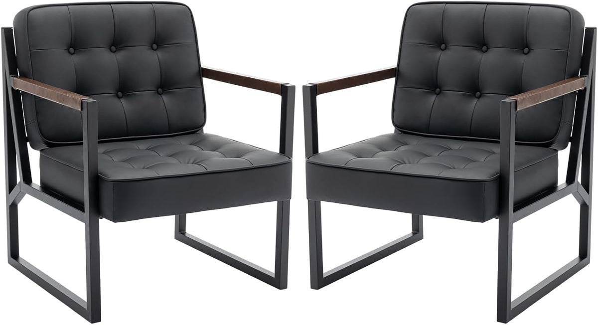 MALOL Mid Century Modern Accent Chair Set of 2, Comfy Living Room Chair, Black Leather Accent Chair, Faux Leather Reception Armchair with Metal Legs for Living Room Bedroom Reception Office, Black