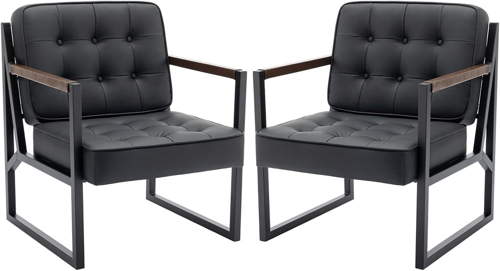COLAMY Mid Century Modern Accent Chair Set of 2, Comfy Living Room Chair, Black Leather Accent Chair, Faux Leather Reception Armchair with Metal Legs for Living Room Bedroom Reception Office, Black