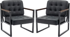 COLAMY Mid Century Modern Accent Chair Set of 2, Comfy Living Room Chair, Black Leather Accent Chair, Faux Leather Reception Armchair with Metal Legs for Living Room Bedroom Reception Office, Black