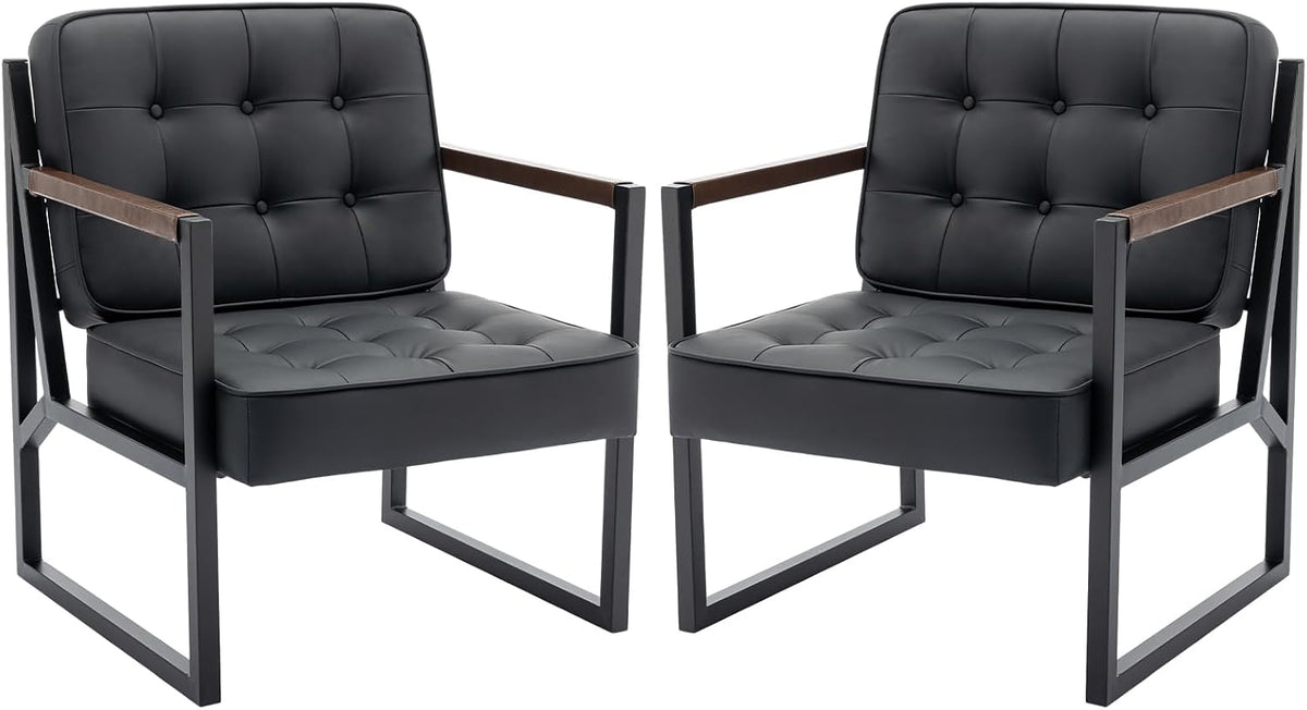 COLAMY Mid Century Modern Accent Chair Set of 2, Comfy Living Room Chair, Black Leather Accent Chair, Faux Leather Reception Armchair with Metal Legs for Living Room Bedroom Reception Office, Black