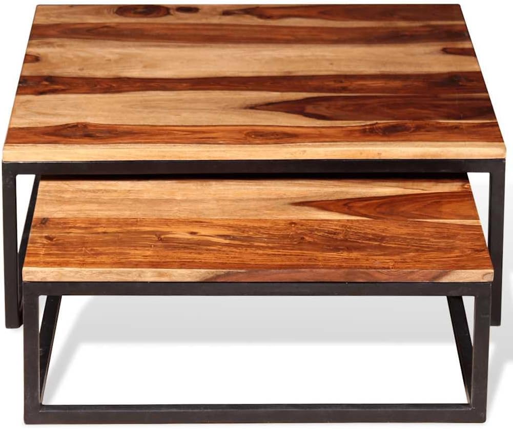 2 Piece Nesting Coffee Table Set Solid Acacia Wood | Retro Industrial Style, Metal Frame, Space Saving, for Living Room Bedroom