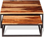 2 Piece Nesting Coffee Table Set Solid Acacia Wood | Retro Industrial Style, Metal Frame, Space Saving, for Living Room Bedroom