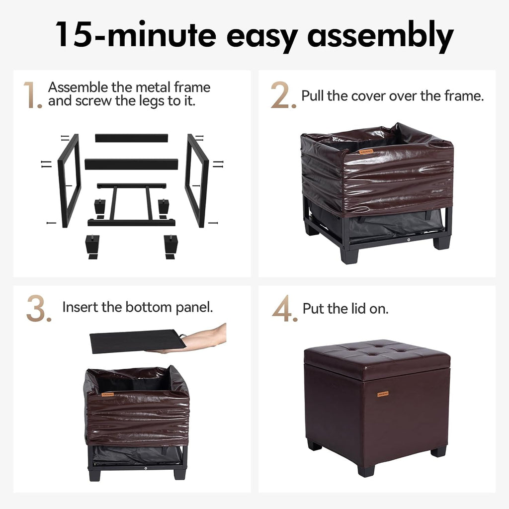 ABHENG Steel Frame Square Ottoman with Storage Antique Brown UASND63R | 17.7" x 17.7" x 17.7", Hold 660 lbs, 48L Storage Capacity, Waterproof Synthetic Leather, Removable Lid, for Dorm Living Room