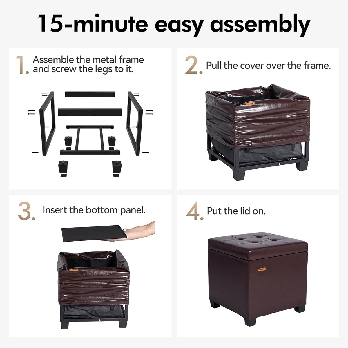 ABHENG Steel Frame Square Ottoman with Storage Antique Brown UASND63R | 17.7" x 17.7" x 17.7", Hold 660 lbs, 48L Storage Capacity, Waterproof Synthetic Leather, Removable Lid, for Dorm Living Room