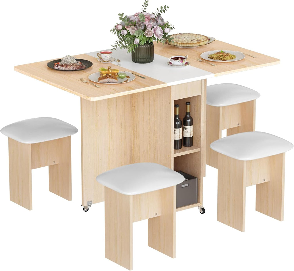 AWQM Folding Dining Table Set, Storage Folding Table & Chair, Beige White | Dining Table Set for 4, Storage Folding Table & with 4 Leather Chair, Space Saving,For Kitchen & Apartment, MDF & Metal Frame