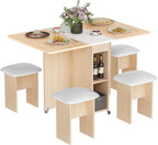 AWQM Folding Dining Table Set, Storage Folding Table & Chair, Beige White | Dining Table Set for 4, Storage Folding Table & with 4 Leather Chair, Space Saving,For Kitchen & Apartment, MDF & Metal Frame