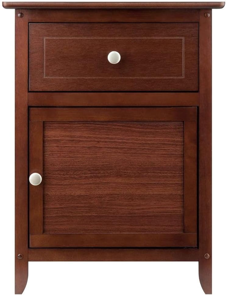 Wood Eugene Accent Table Walnut Finish Compact Side Table with Drawer and Cabinet Solid and Composite Wood Ideal for Bedroom Living Room or Entryway Storage