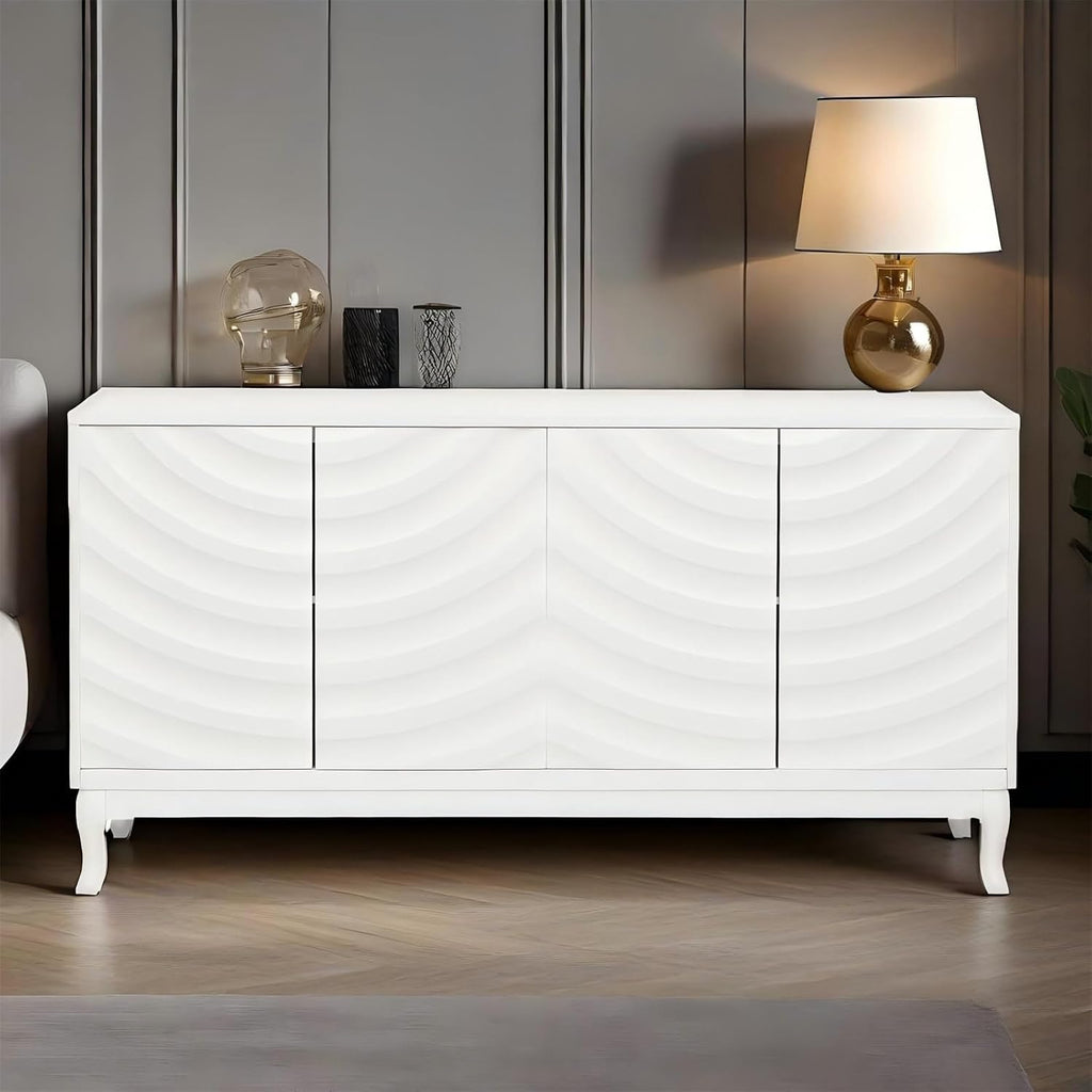 LKTART 59.84" Sideboard Buffet Storage Cabinet for Dining Room, Wavy Pattern Fluted Console Table Pressed Spring 4 Doors Cabinet Sideboard for Living Room Kitchen Hallway Entryway (White)